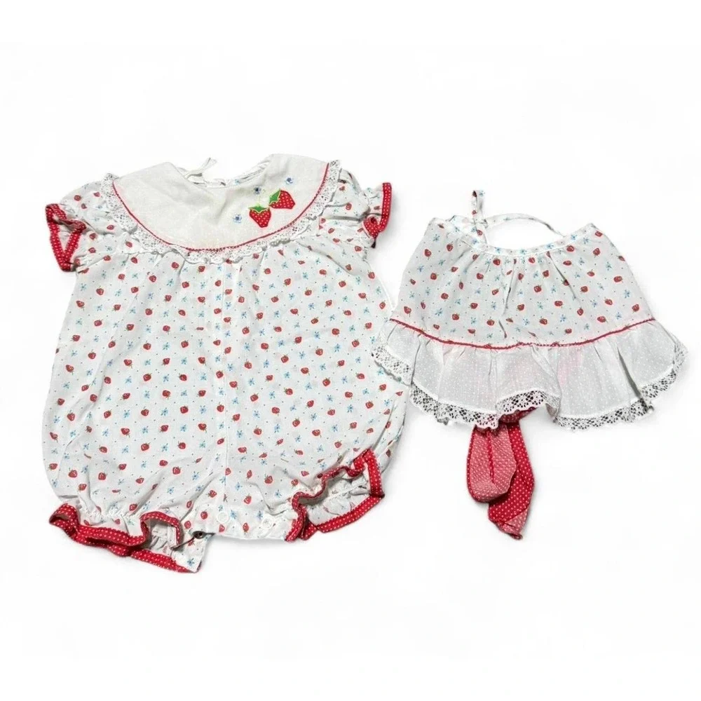 Vintage Baby Girls 9-12M Strawberry Romper Apron Set Cottagecore